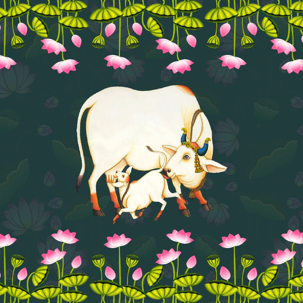 Pichwai Mom and Baby Cow Backdrop Cloth
