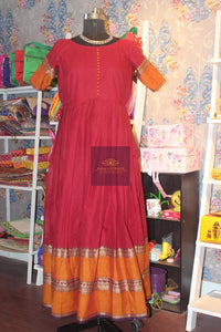 Red Handloom Cotton Anarkali-dress-KairaGiftWorld