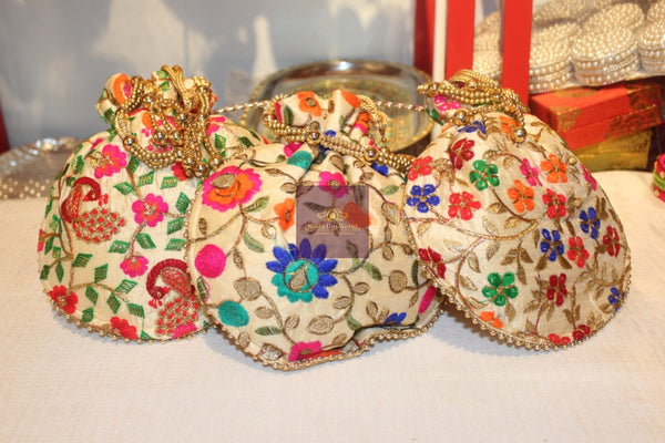 Embroidery Potli Bag with Beaded Handle-Potli Bag-KairaGiftWorld