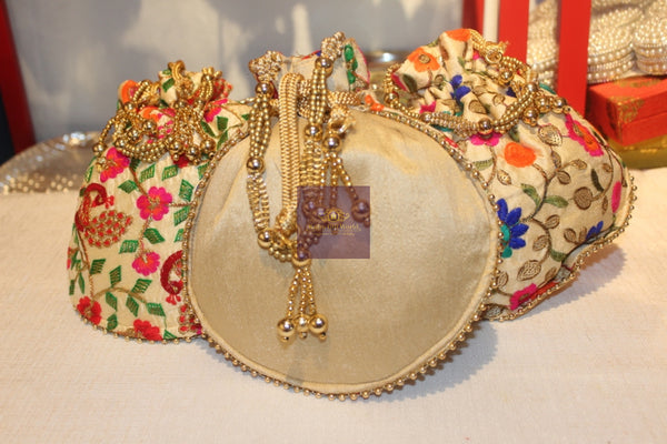 Embroidery Potli Bag with Beaded Handle-Potli Bag-KairaGiftWorld